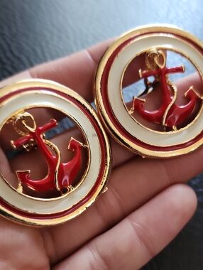 VTG Gold-Tone Anchor Clip-On Earrings with Red and White Enamel